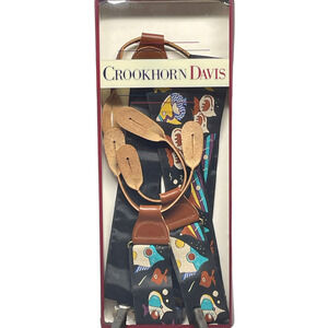 Crookhorn Davis Adj Suspenders Braces Tropical Fish Silk Leather Button-On w/Box